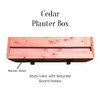 M&M  Enterprises Cedar Planter Box Back view with mounting board shown askew. Easily remove the mounting board and fix it with screws to a porch railing or fence board. Then attach the box.