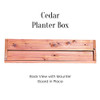 M&M  Enterprises Cedar Planter Box Back view with mounting board shown in place as if it was fixed to a railing or fence holding up the planter box.