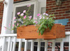 Closeup side view of our Cedar Planter Box mounted on a white porch railing makes a lovely statement on your house. Amish Craftsmanship and quality only from Harvest Array.