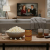 J.Q. Dickinson Salt Works 3.5 oz. Popcorn Salt, freshly popped popcorn and drinks on a coffee table behind a couch with a family movie on the TV.