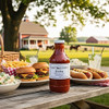 Image of an outdoor picnic with burgers and hot dogs and Annie's Kitchen 18.4 oz bottle of Ketchup for a delightful condiment.
