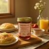 Double L Ranch Georgia Peach Jelly on a breakfast table with pancakes and fresh fruit, ready for breakfast.