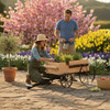 Woman tending spring flowers in a small handcrafted Amish wooden hitch wagon planter with a man looking on