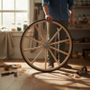 Craftsman holding a handcrafted wooden wagon wheel with rubber tire in a workshop surrounded by woodworking tools