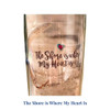 Close up of The Shore is Where My Heart Is design with the words written in sand with a red heart on the 16 oz. Tumbler