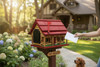 Red Amish handmade log cabin wooden mailbox with flag receiving mail in a landscaped front yard.