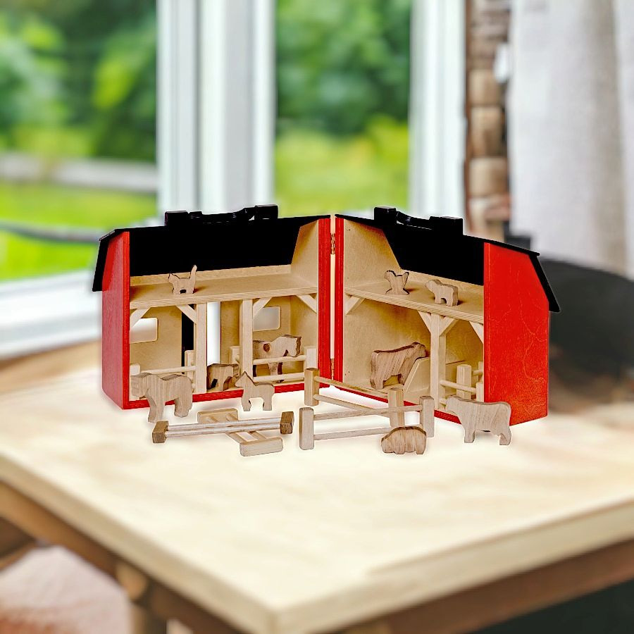 Folding Wooden Barn with Farm Animals and Fence Amish Made