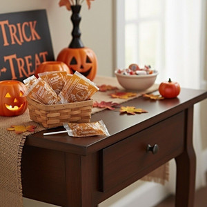 A Halloween decorated table with a basket of Golden Delicious Apple Orchard Caramel Apple Suckers on the table awaiting trick-or-treaters.