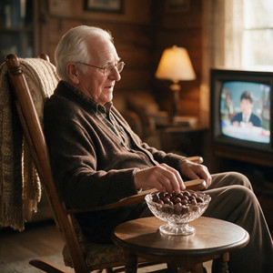An elderly Grandfather sitting in his chair watching TV and snacking on Chocolate Double Dipped Peanuts out of an old-fashioned candy dish in a cozy living room.