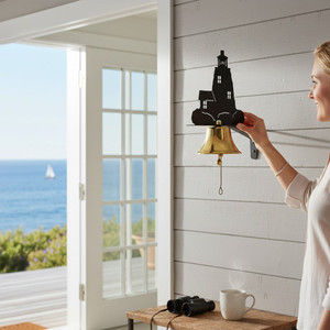 Classic brass patio bell with black lighthouse silhouette bracket mounted by a coastal doorway overlooking the ocean