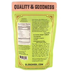 The back of Old School Brand Fruit Cobbler Baking Mix showing Nutrition Facks and Instructions.