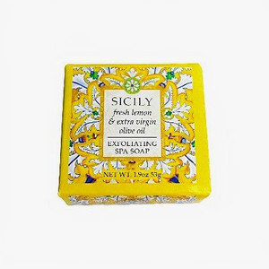 Sicily Exfoliating Mini Spa Soap in a 1.9 ounce square bar. Made in America.