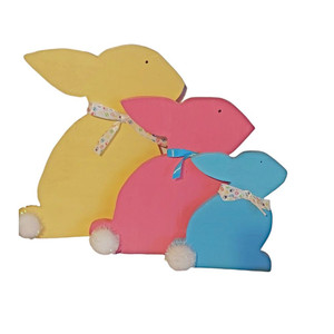 Set of 3 Wooden bunnies, Yellow, Red, and Blue to decorate for Easter or Spring.