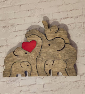Handmade Wooden Elephant Family with Heart Puzzle