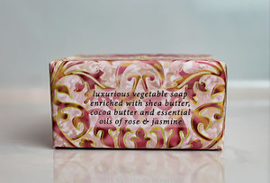 Rosewater & Jasmine shea butter soap description. For online purchase at harvestarray.com.