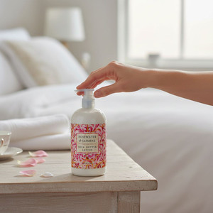 Beautiful smelling Rosewater & Jasmine shea butter lotion made in North Carolina and sold online by Harvest Array.