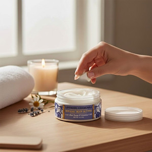 Moisturizing  and relaxing Lavender & Chamomile Body Butter with Shea Butter and Botanical Oils can be purchase online at Harvest Array.