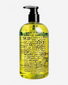Back label of Harvest Array's  Lemon Verbena and Olive Oil Hand Soap for the Kitchen.