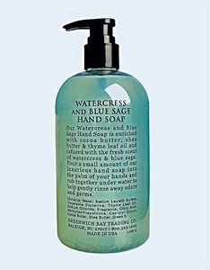 Back Label of ingredients and directions for use of Watercress and Blue Sage Kitchen Hand Soap.