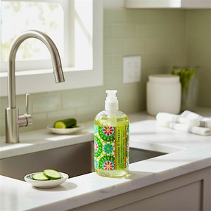This fresh smelling Cucumber & Freesia Luxurious Liquid Hand Soap for kitchen and bath use. Made in North Carolina.