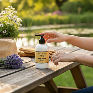 Garden Path Bug Away Lotion in an 8 ounce bottle available online at Harvest Array. Amish-made in PA.