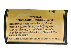 Ingredient Label for Bug Away Lotion by Garden Path Soap.