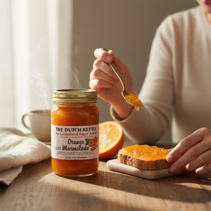 No-Granulated-sugar-added orange marmalade jar on a kitchen table with fresh oranges and marmalade being spread on toast.