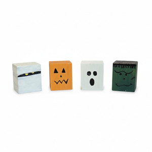 Handmade Set of 4 Wooden Halloween Character Blocks - Mummy, Jack-O-Lantern, Ghost, and Frankenstein.