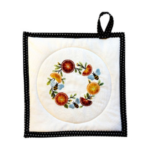 Handmade Embroidered Potholders and Hot Pads - Buzzing Citrus Wreath.
Made in the USA.