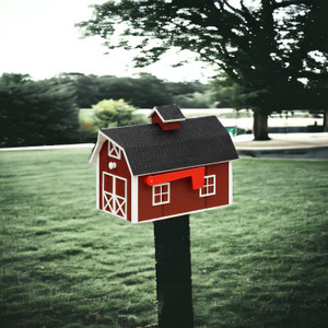 Burgundy and white Wooden Barn Mailbox on the post