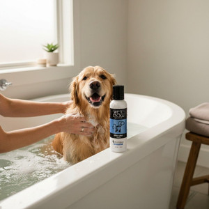 Golden retriever getting a bath in a tub with Wet Dog pet shampoo displayed in a bright bathroom setting. 2.0 oz bottle.