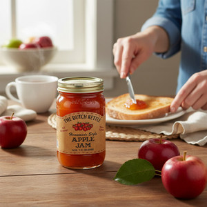 The Dutch Kettle Apple Jam spread on warm toast with fresh apples in a bright kitchen setting.
