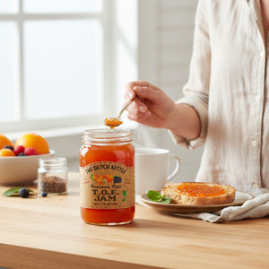 The Dutch Kettle T.O.E. Jam being spooned onto toast with fresh berries and citrus in a bright kitchen setting