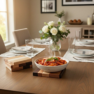A lovely dining room setting with  three Amish Made Wooden Hot Pads stacked  and a single hot pad with a bowl of hot pasta on top of the hot pad on the table.