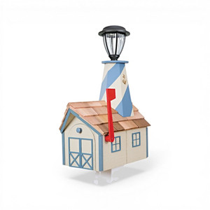 Wooden Lighthouse Mailbox with Cedar Roof in Beige and Country Blue Mailbox with White and Country Blue Lighthouse. Working Solar Light.