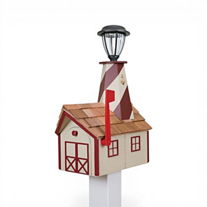 Wooden Lighthouse Mailbox with Cedar Roof - Beige and Red Mailbox with White and Red Lighthouse. Working Solar Light included.