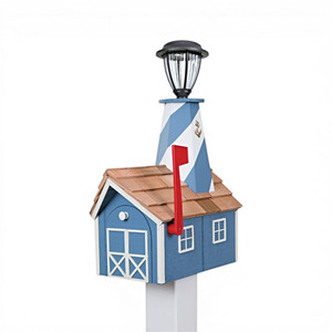 Country Blue and White Wooden Lighthouse Mailbox with Cedar Roof. Working solar light included.