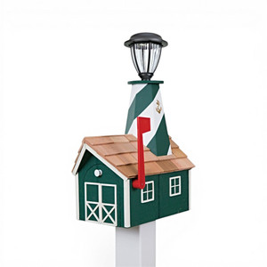 Amish-made Green and White Wooden Lighthouse Mailbox with Cedar Roof. Solar light included.