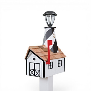 Amish-made White and Black Wooden Lighthouse Mailbox with Cedar Roof and solar light at top of lighthouse.