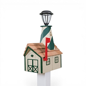 Wooden Lighthouse Mailbox with Cedar Roof in Beige and Green Mailbox with White and Green Lighthouse. Working Solar Light. Purchase online at harvestarray.com.
