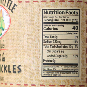 Amish made Bread and Butter Pickles Nutrition Facts.  Made in the USA. Harvest Array