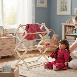 Wooden doll clothes drying rack with child hanging doll clothes in playroom