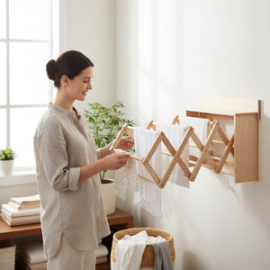 Wooden wall-mounted accordion drying rack holding baby clothes in a bright, minimal laundry room
