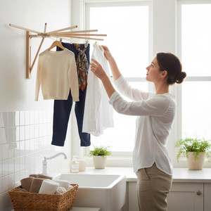 Wooden folding clothes drying rack in laundry room holding shirts, pants and socks near window