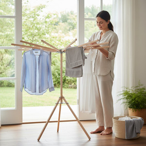 Wooden 16 arm floor standing clothes drying rack with shirts and towels in bright laundry room