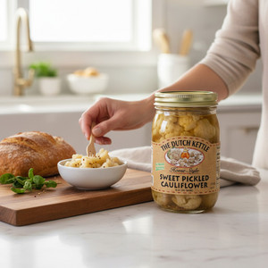 Sweet pickled cauliflower jar on a kitchen counter with fresh bread, herbs, and a hand serving cauliflower into a small bowl.