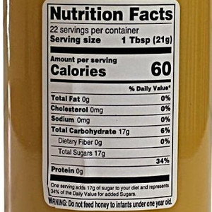 Nutrition Facts of a 16 oz. jar of Dutch Kettle Creamed Honey sold at Harvest Array