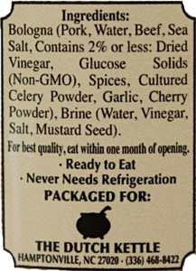 Ingredients in the New and Improved, Dutch Kettle Amish Home Style Mild Pickled Bologna.