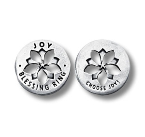 Choose Joy Pewter Blessing Ring Charm. Front says "Joy Blessing Ring" Back says "Choose Joy!" Purchase online at harvestarray.com.