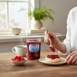 A jar of Blue Ridge Jams Raspberry Jam sits on a rustic wooden table beside a bowl of fresh raspberries, an open book, and a steaming teacup.